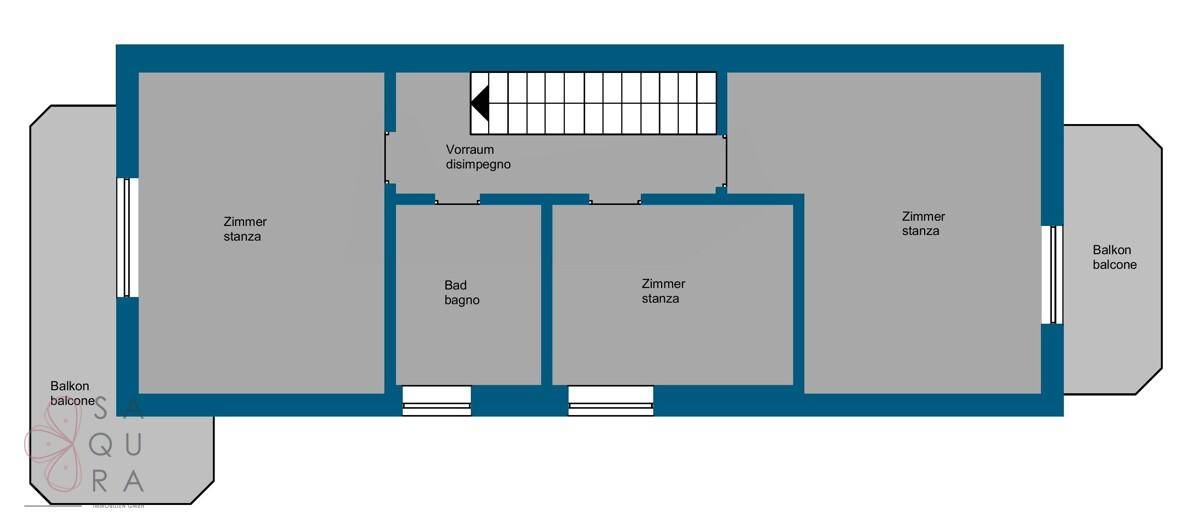 Grundriss des Obergeschosses mit drei Zimmern, Bad und zwei Balkonen.