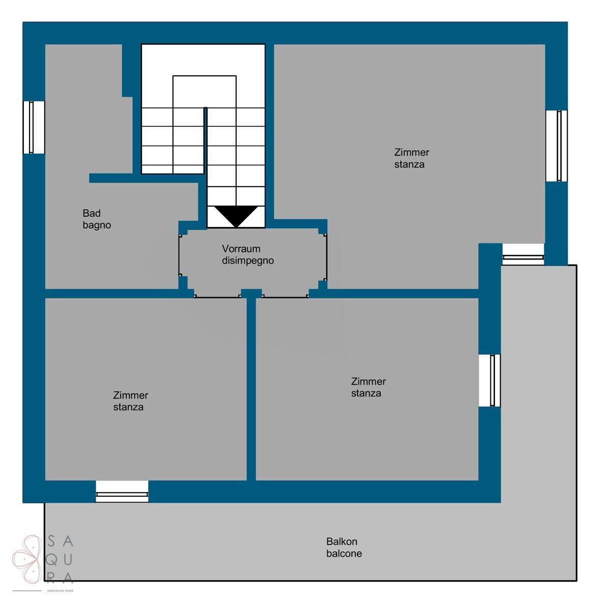 Grundriss des Obergeschosses mit drei Zimmern, Bad und Balkon.
