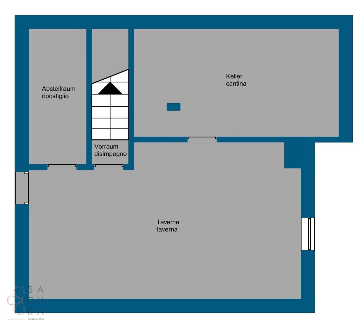Grundriss des Untergeschosses mit Taverne, Keller und Abstellraum.
