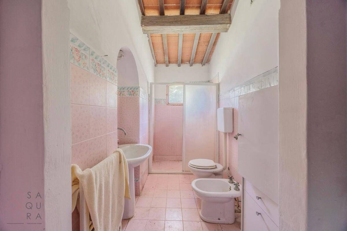 Badezimmer mit rosa Fliesen, Dusche, Bidet und traditioneller Ausstattung.