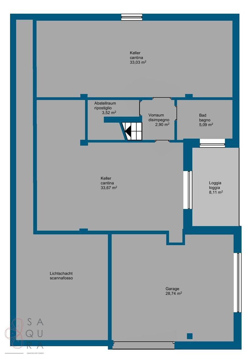 Grundriss des Untergeschosses mit Keller, Abstellraum, Bad und Garage.