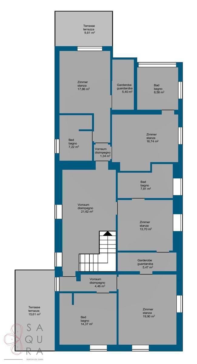 Grundriss des Obergeschosses mit mehreren Zimmern, Bädern und einer Terrasse.