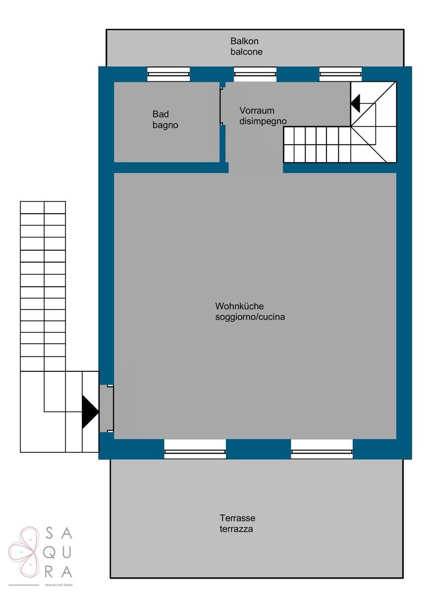 Grundriss des Obergeschosses mit Wohnküche, Bad, Balkon und Terrasse.