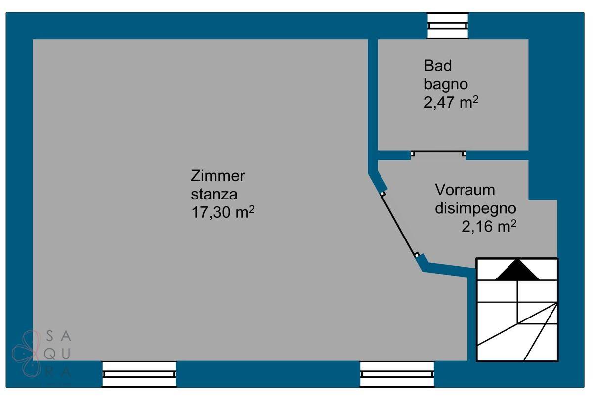Grundriss zeigt ein Zimmer, Bad und Vorraum im Obergeschoss.
