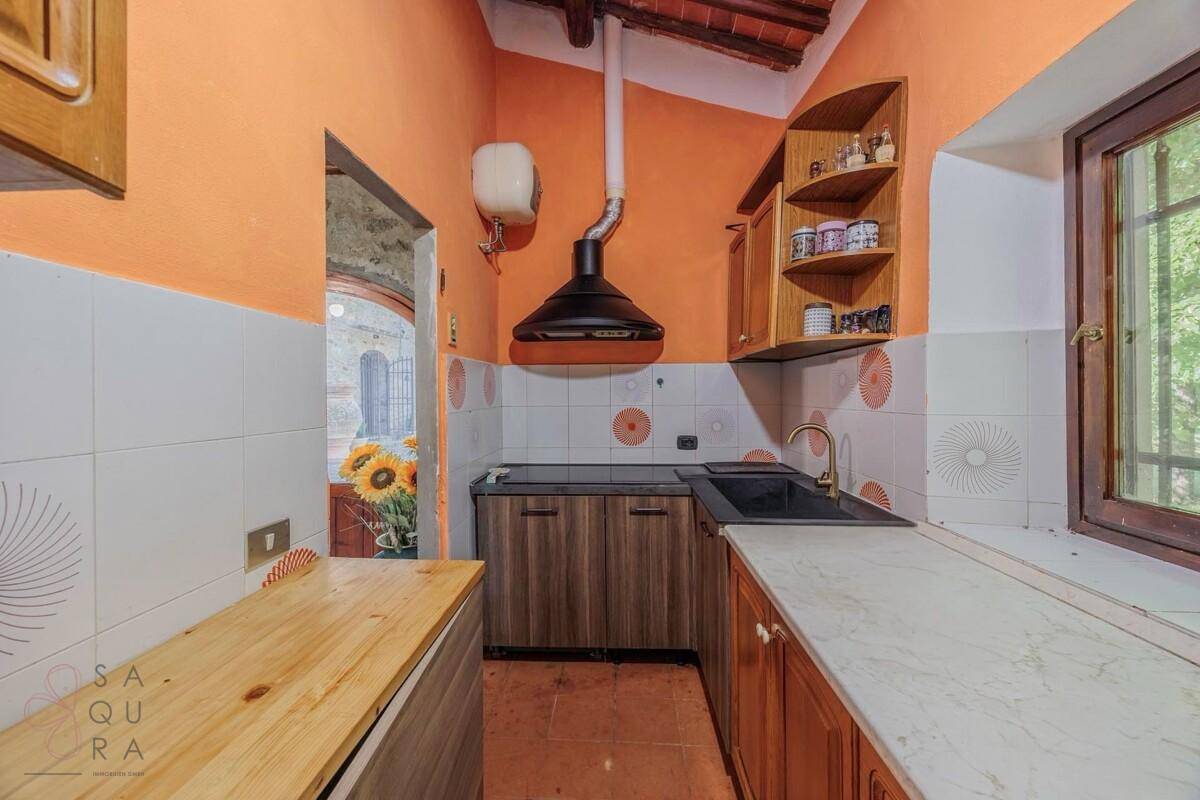 Funktionale Küche mit orangefarbenen Wänden, Holzschränken und einem Fenster mit Blick ins Grüne.
