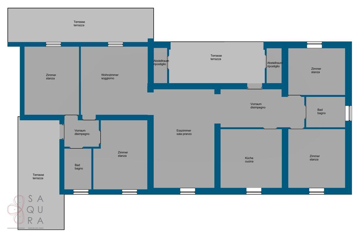 Grundrissplan mit verschiedenen Räumen, Terrassen und Beschriftungen in zwei Sprachen.