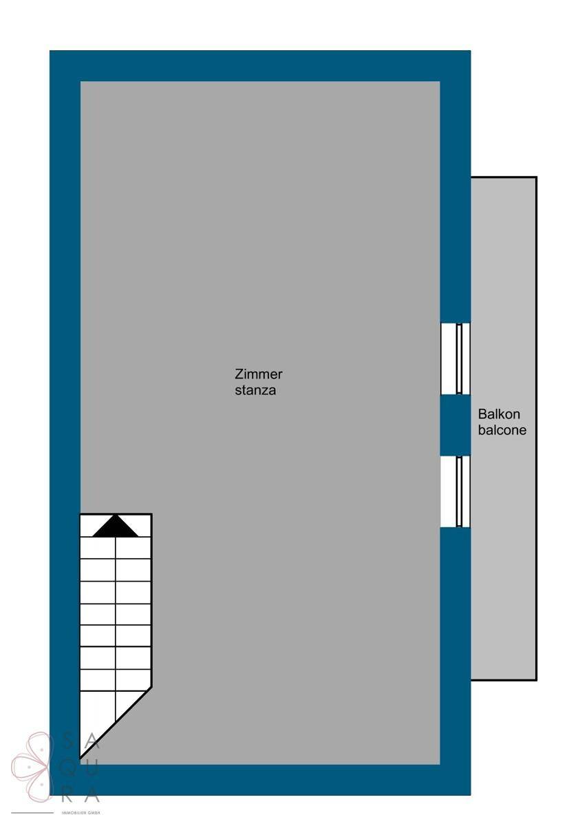Grundriss eines Zimmers mit Zugang zu einem Balkon und Treppenaufgang.