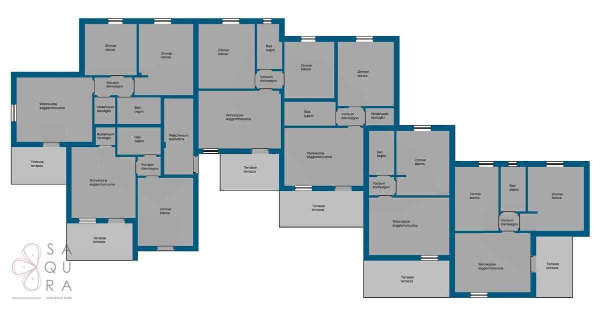 Umfassender Grundriss mit mehreren Wohneinheiten, Terrassen, Bädern und Wohnküchen.