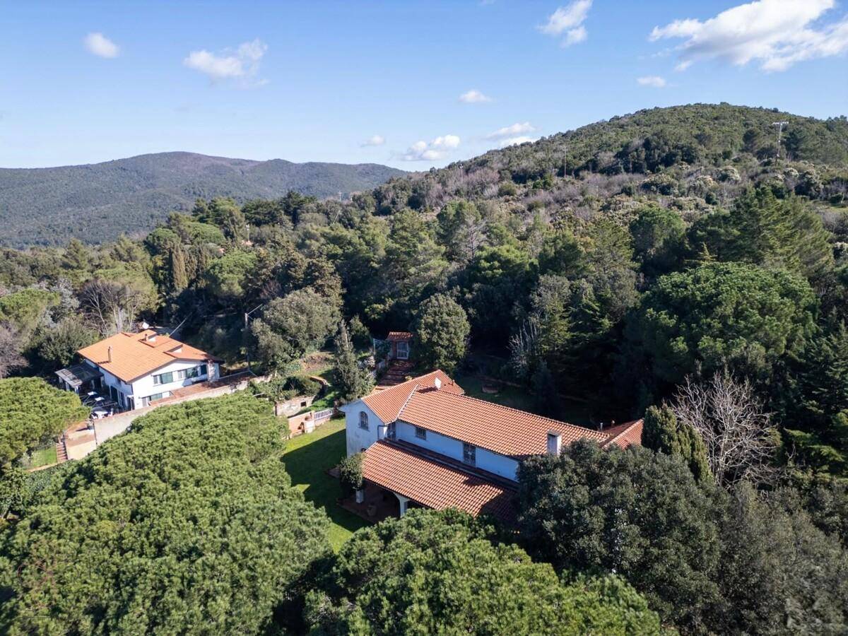 Luftaufnahme des Anwesens mit Haupthaus und Nebengebäude, umgeben von üppiger Natur.