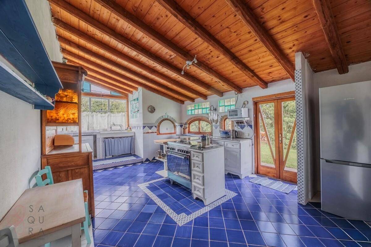 Charmante Küche im Landhausstil mit blauen Fliesen, Holzbalkendecke und Zugang zum Garten.