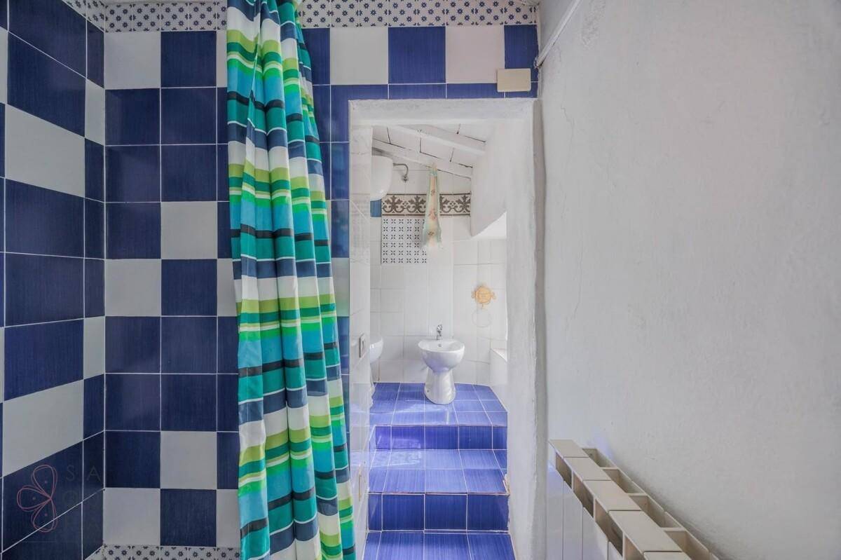 Badezimmer mit blauen und weißen Fliesen, Duschvorhang und Bidet.