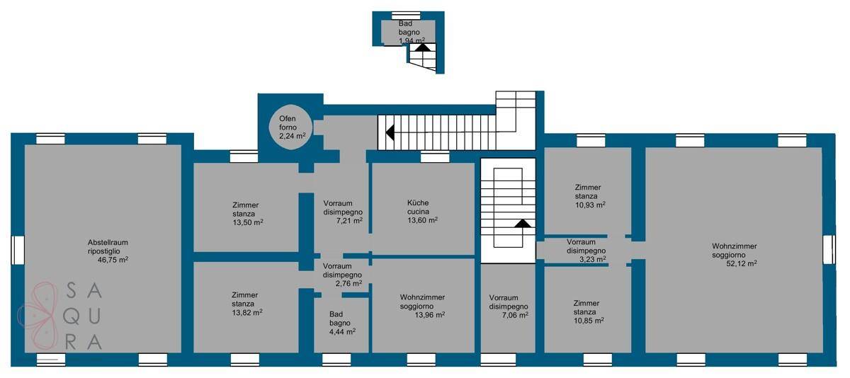 Grundrissplan des Obergeschosses mit mehreren Zimmern, Bad und Wohnbereichen.
