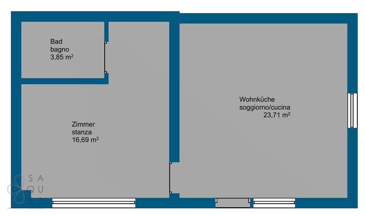 Grundriss einer Wohnung mit offener Wohnküche, einem Zimmer und einem Badezimmer.