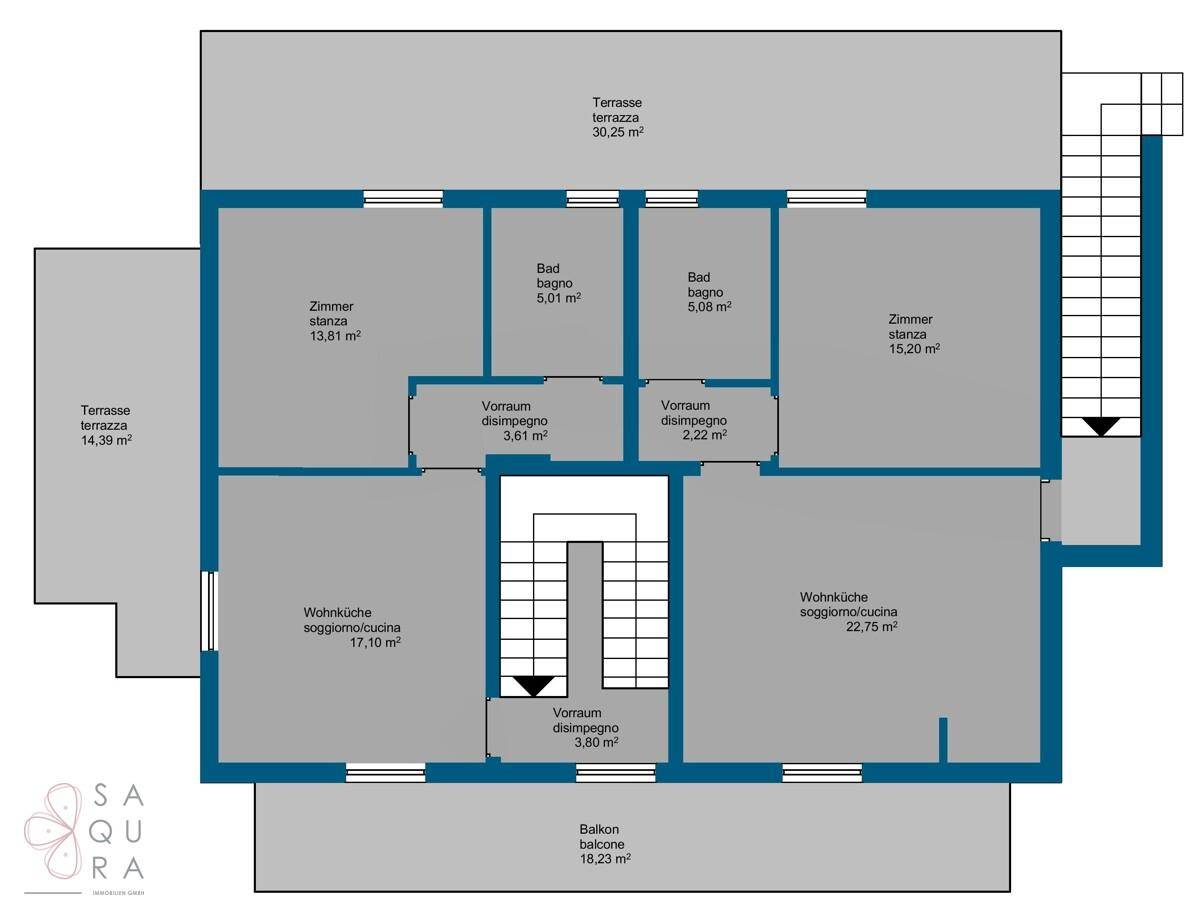 Grundriss des Obergeschosses mit Zimmern, Bädern, Terrassen und einem Balkon.