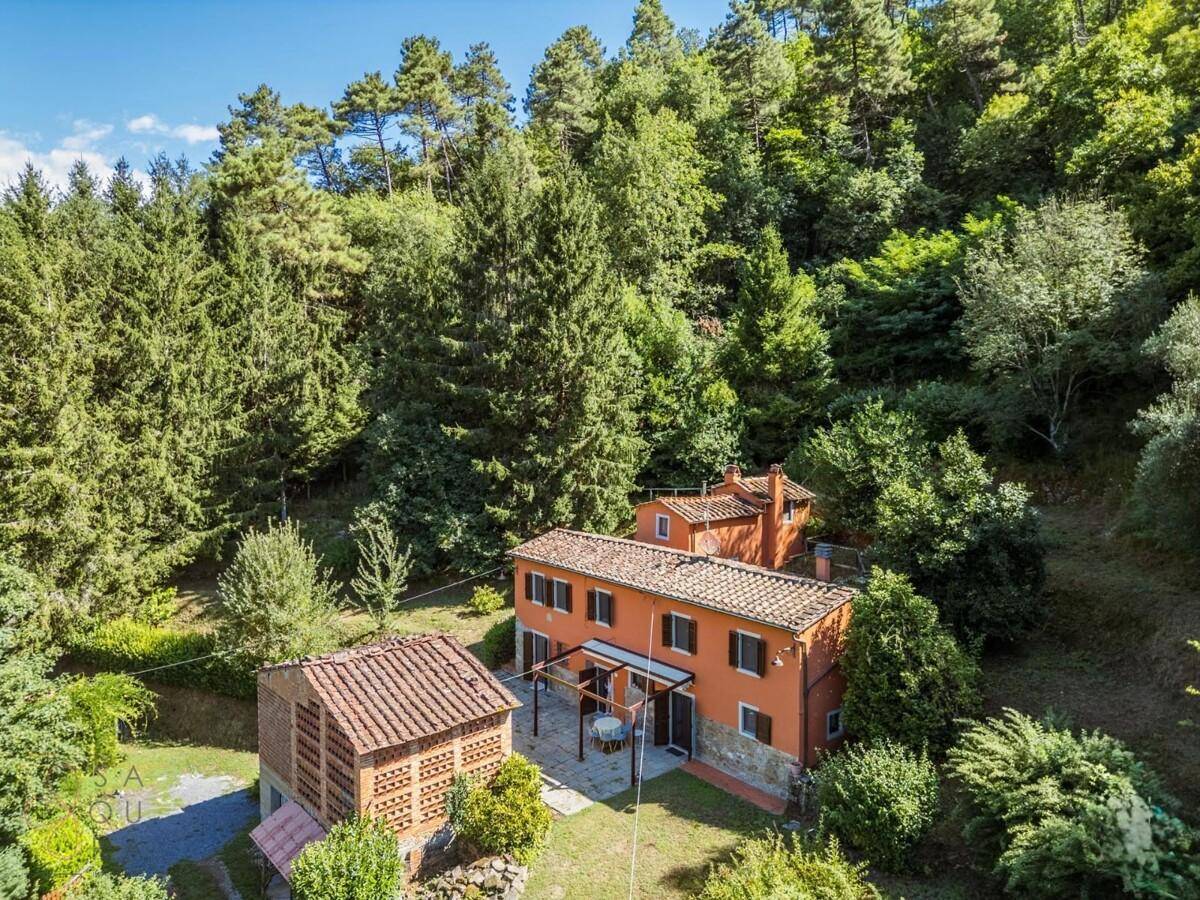 Malerisches Landhaus in ländlicher Umgebung, umgeben von dichtem Wald und mediterraner Vegetation.