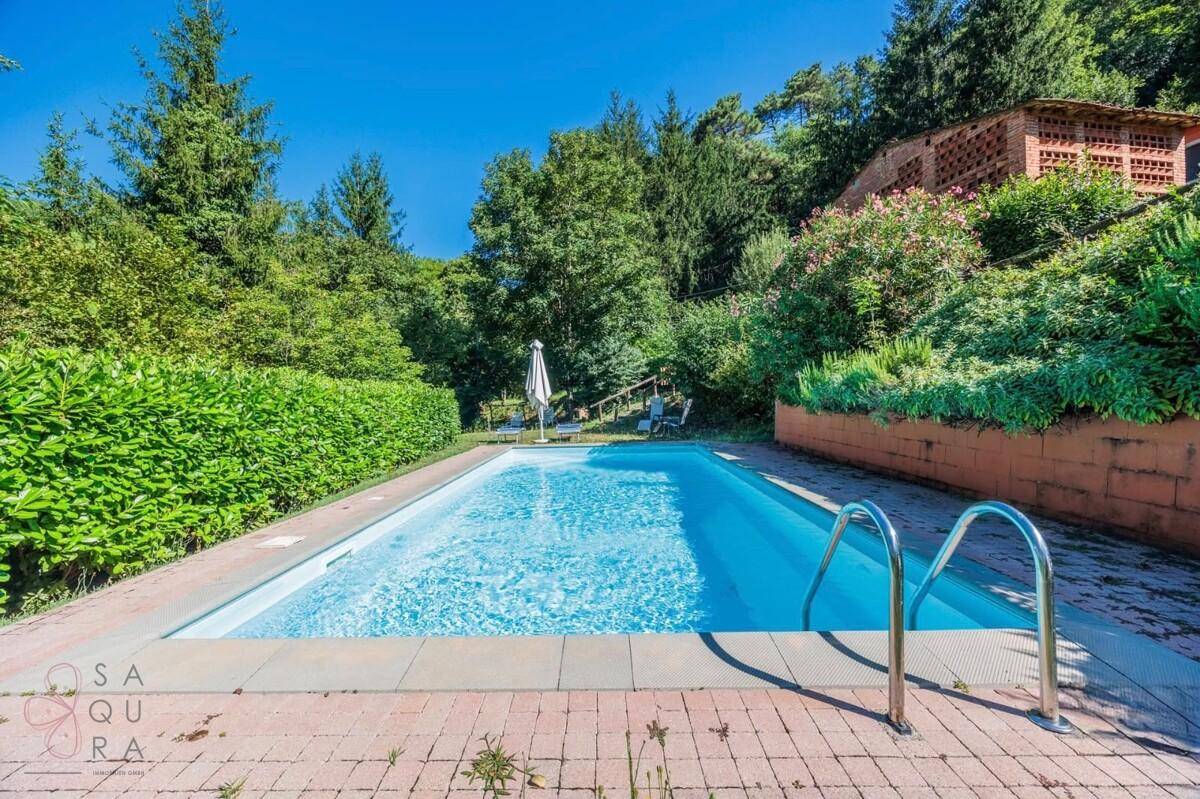 Klarer Swimmingpool mit gemauertem Rand und Treppe, umgeben von grünen Hecken und Bäumen.