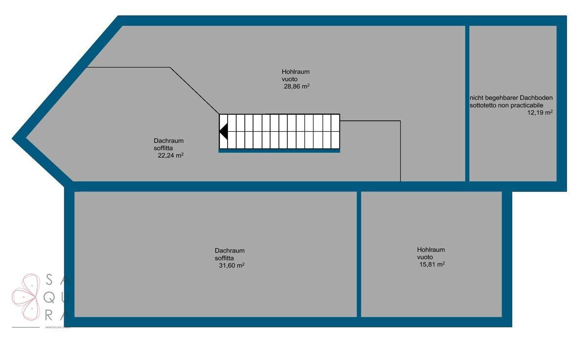 Grundriss des Dachgeschosses mit Dachräumen, Hohlräumen und nicht begehbaren Bereichen.