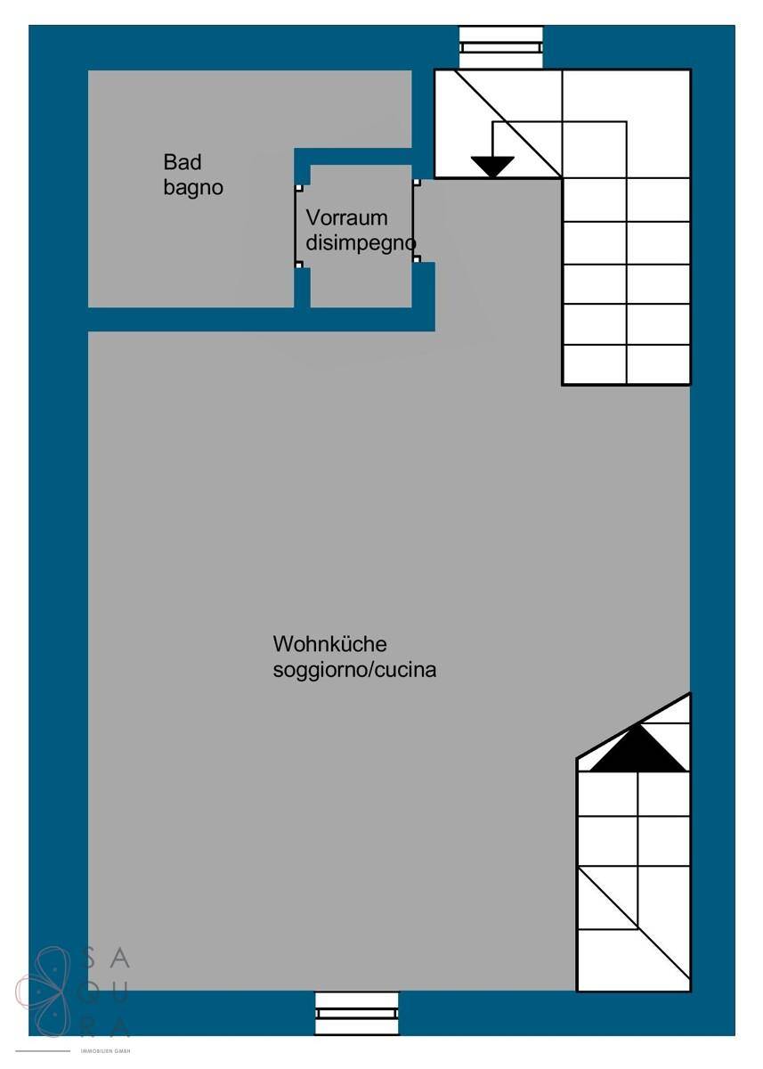Grundrissplan zeigt eine Wohnküche, Badezimmer und Vorraum auf dieser Ebene.
