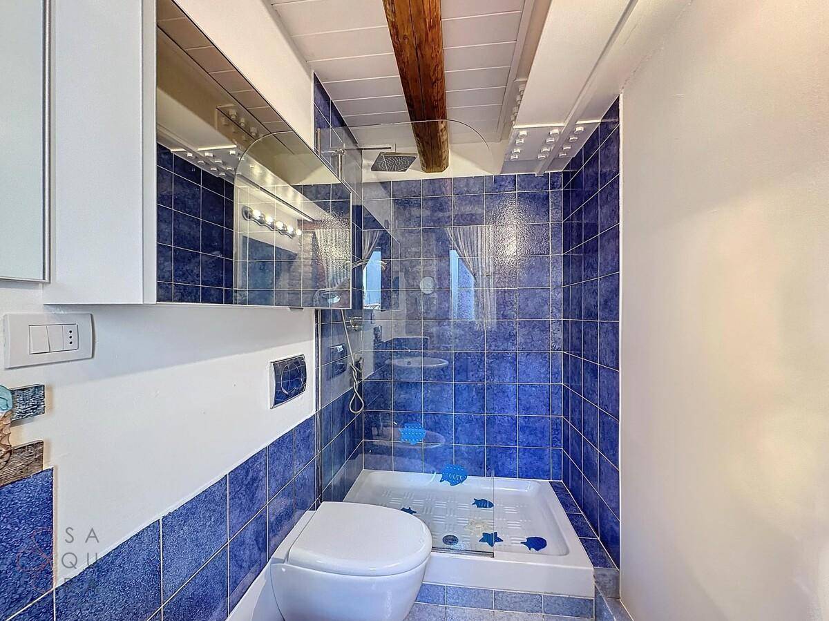 Duschbereich im Badezimmer mit blauen Fliesen und integrierter Toilette.