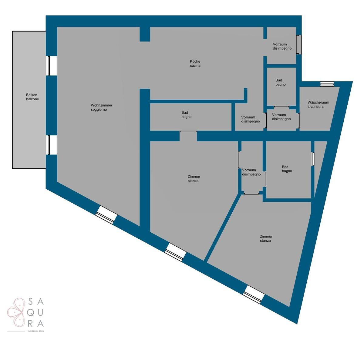 Grundriss der Wohnung mit Wohnzimmer, Küche, Bädern und Schlafzimmern sowie Balkon.