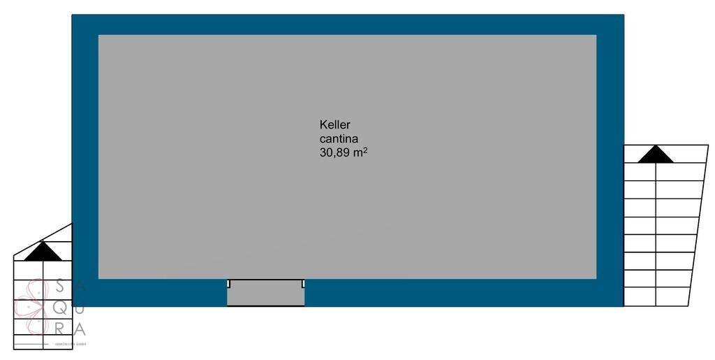 Grundriss des Kellers mit großem Abstellraum und Zugang von außen.