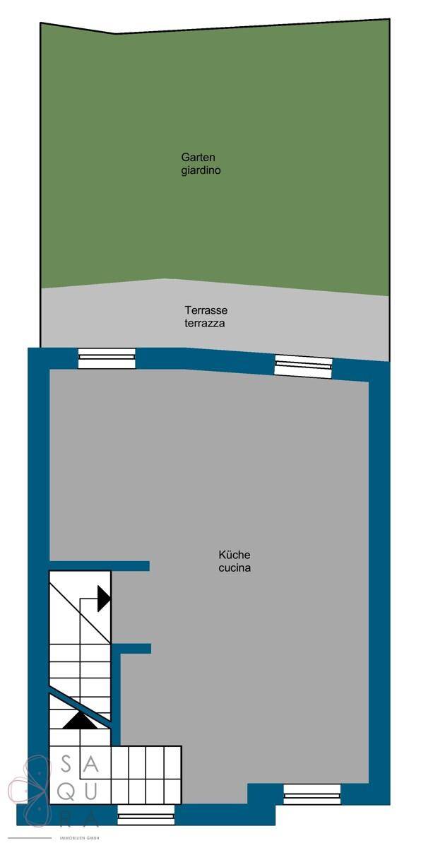 Grundriss des Erdgeschosses mit Küche, Terrasse und Gartenbereich.