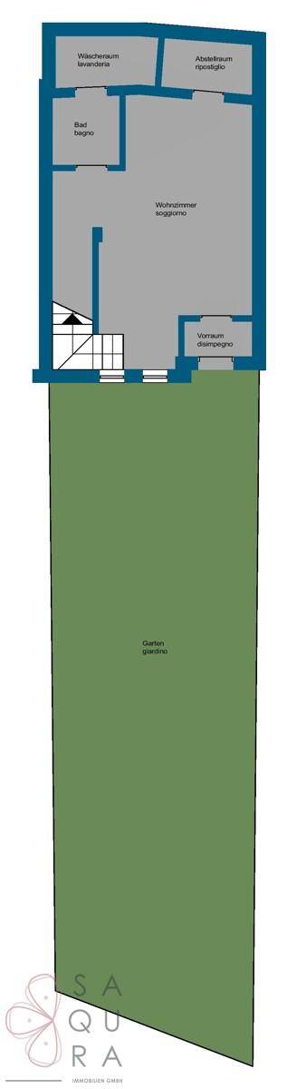 Grundriss des Dachgeschosses mit Schlafzimmer, Bad, Abstellraum und langem Garten.