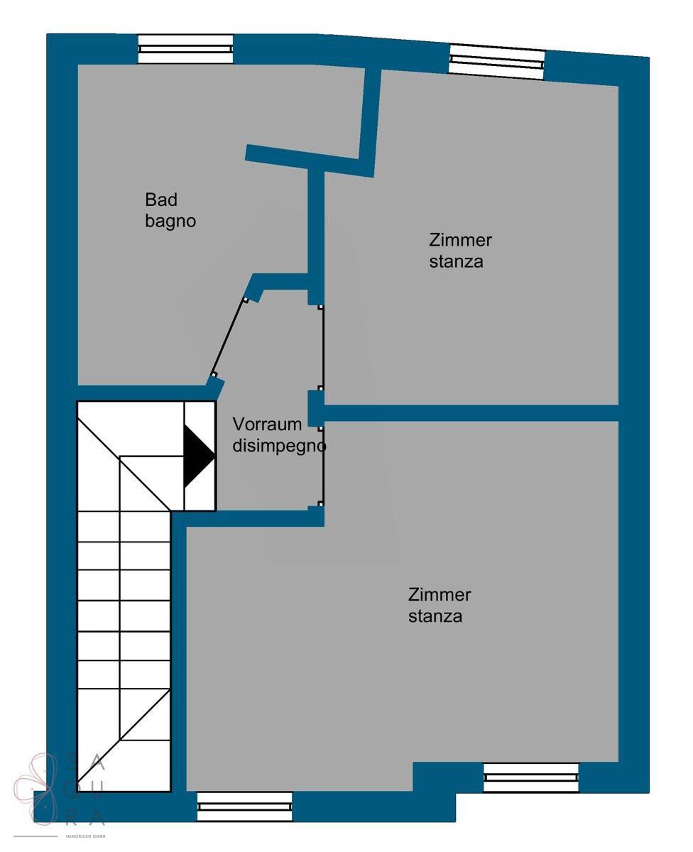 Grundriss des Obergeschosses mit zwei Zimmern, Bad und Vorraum.