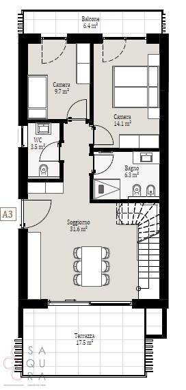 Grundriss einer Wohnung mit zwei Schlafzimmern, Wohnzimmer, Bad, WC, Balkon und Terrasse.