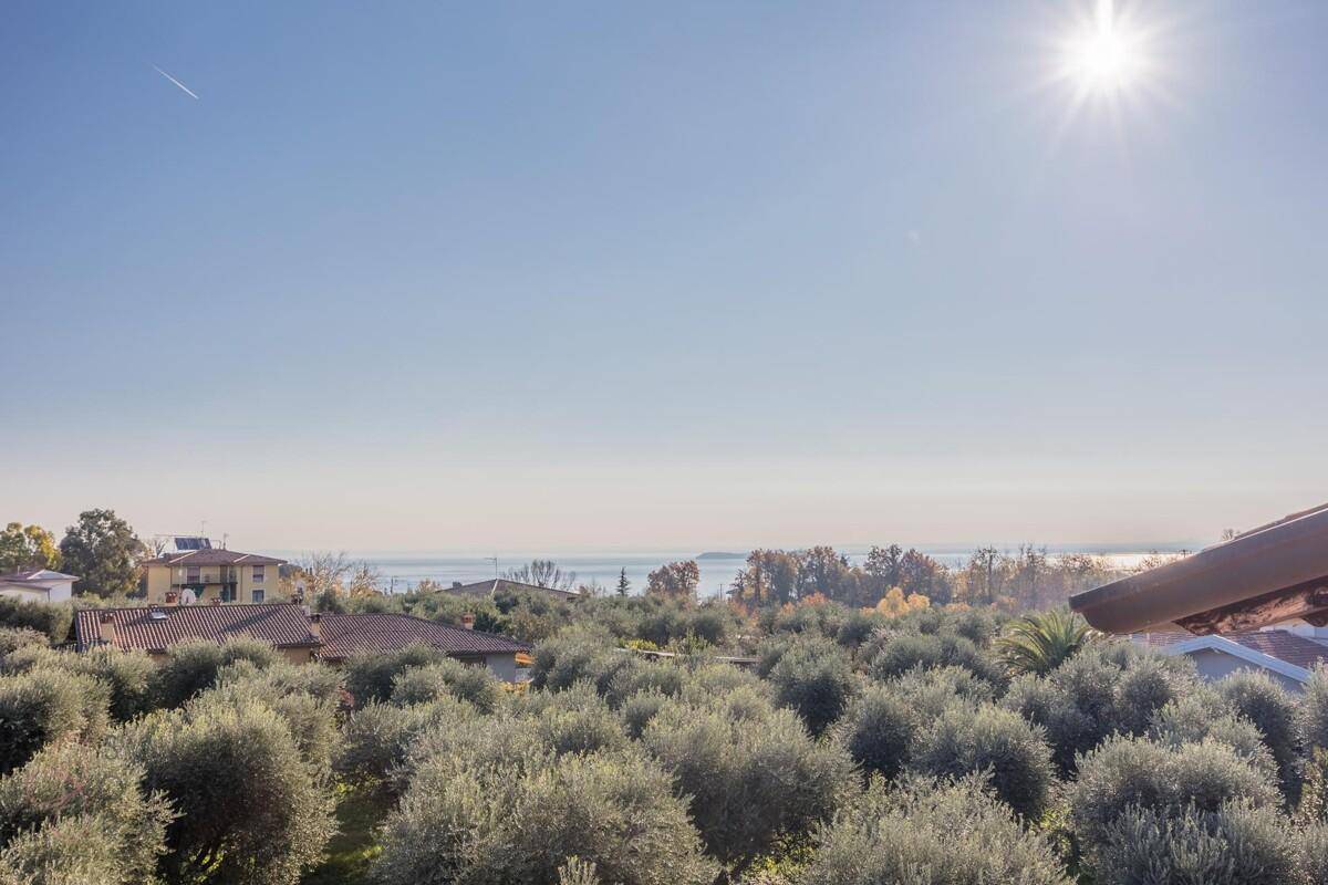 Panoramablick über Olivenhaine und Häuser auf einen fernen See unter strahlend blauem Himmel.