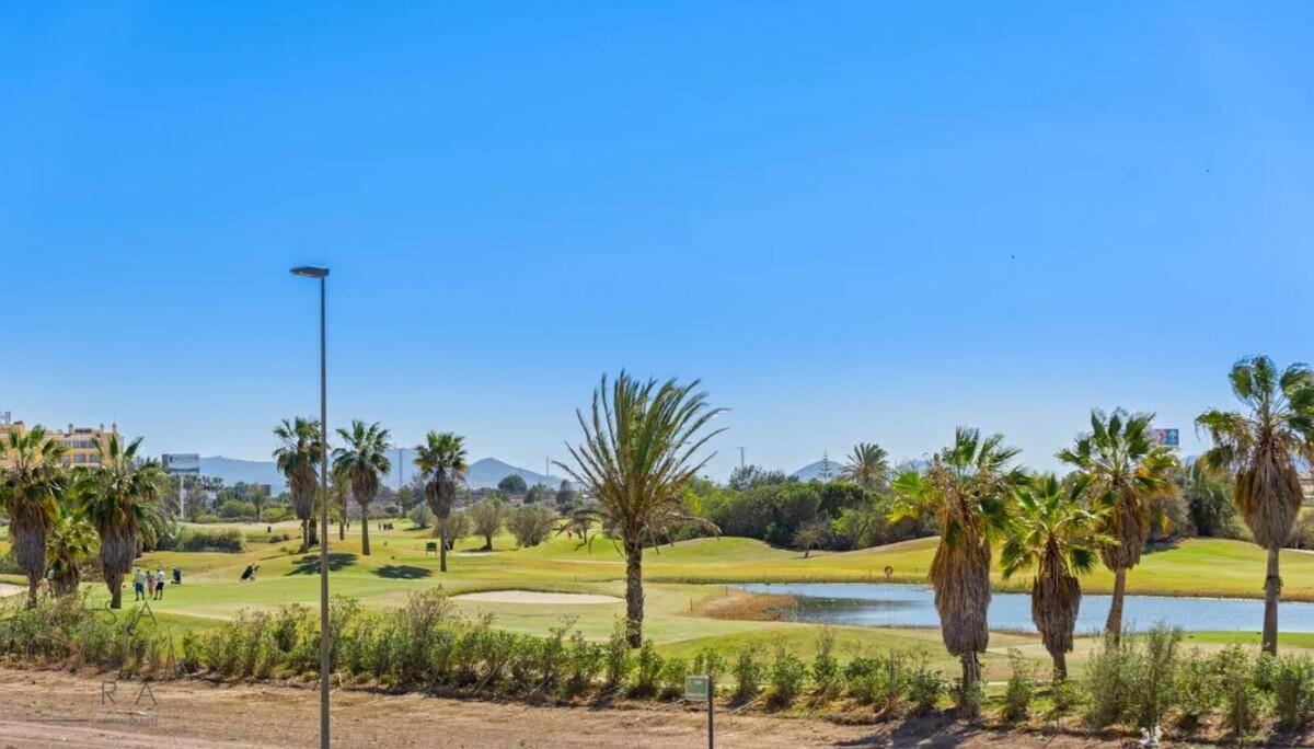 Panoramablick auf einen gepflegten Golfplatz mit Palmen und einem kleinen See unter blauem Himmel.