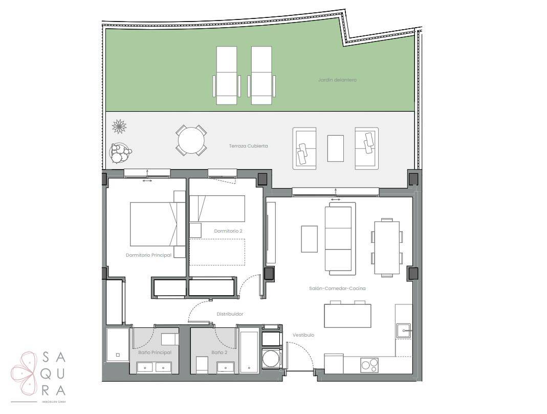 Grundriss einer Wohnung mit zwei Schlafzimmern, offenem Wohnbereich und großer Terrasse.