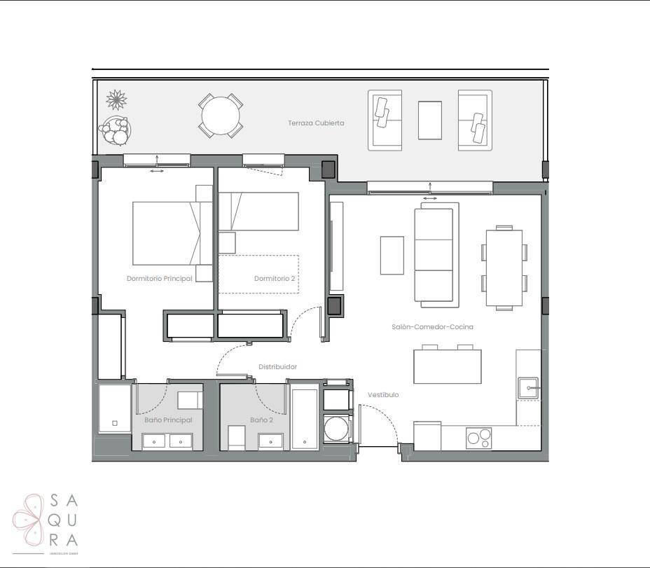 Grundriss einer Wohnung mit zwei Schlafzimmern, offenem Wohnbereich und großer Terrasse.