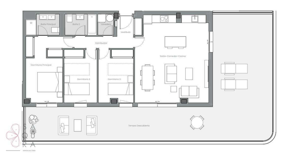 Grundriss mit zwei Schlafzimmern, zwei Bädern, offenem Wohnbereich und großer Terrasse.