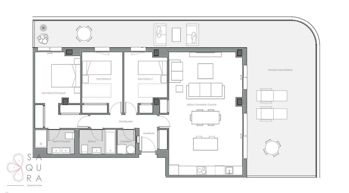 Grundriss einer Wohnung mit drei Schlafzimmern, offenem Wohnbereich und großer Terrasse.