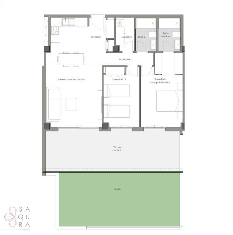 Grundriss einer Wohnung mit offenem Wohnbereich, zwei Schlafzimmern, zwei Bädern und Terrasse mit Garten.