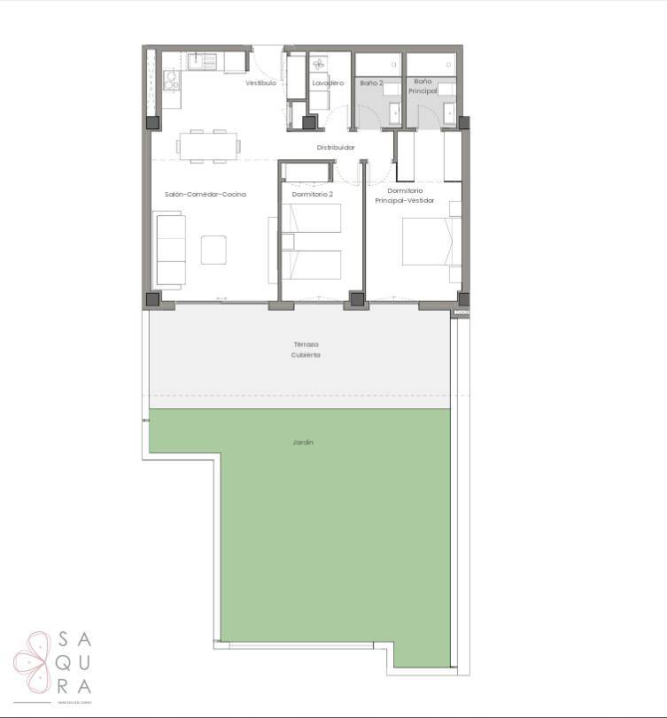 Grundriss einer Wohnung mit zwei Schlafzimmern, zwei Bädern, Terrasse und Gartenbereich.