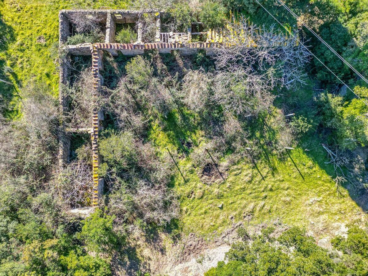 Luftaufnahme einer stark bewachsenen Ruine mit verfallenen Mauern in ländlicher Umgebung.