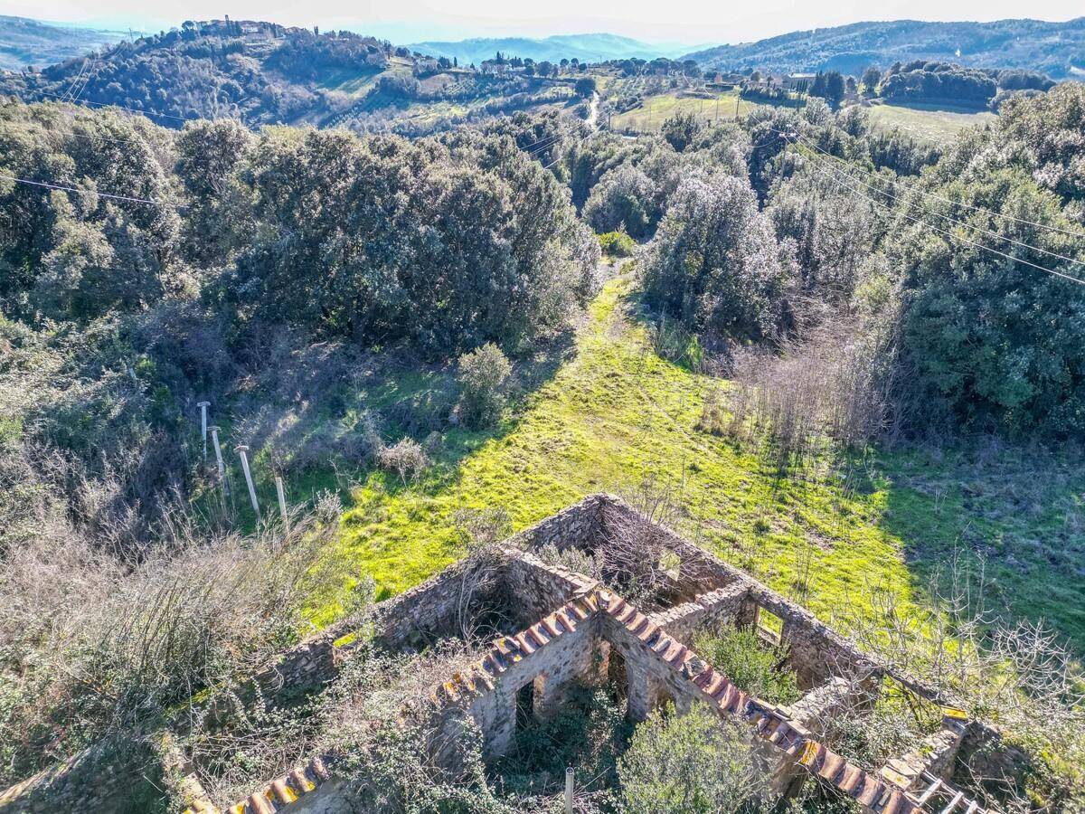 Überwachsene Ruine eines Nebengebäudes mit Blick auf die umliegende grüne Landschaft.