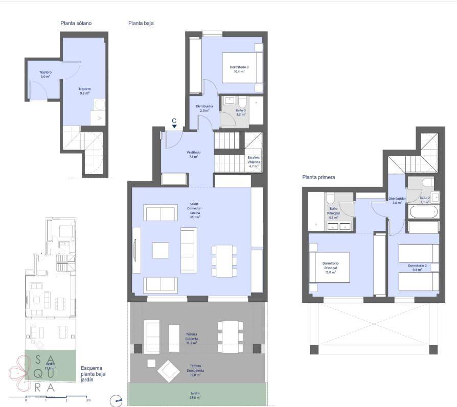 Grundrisspläne zeigen ein Haus über drei Etagen mit Wohnbereich, Schlafzimmern, Bädern, Terrasse und Garten.