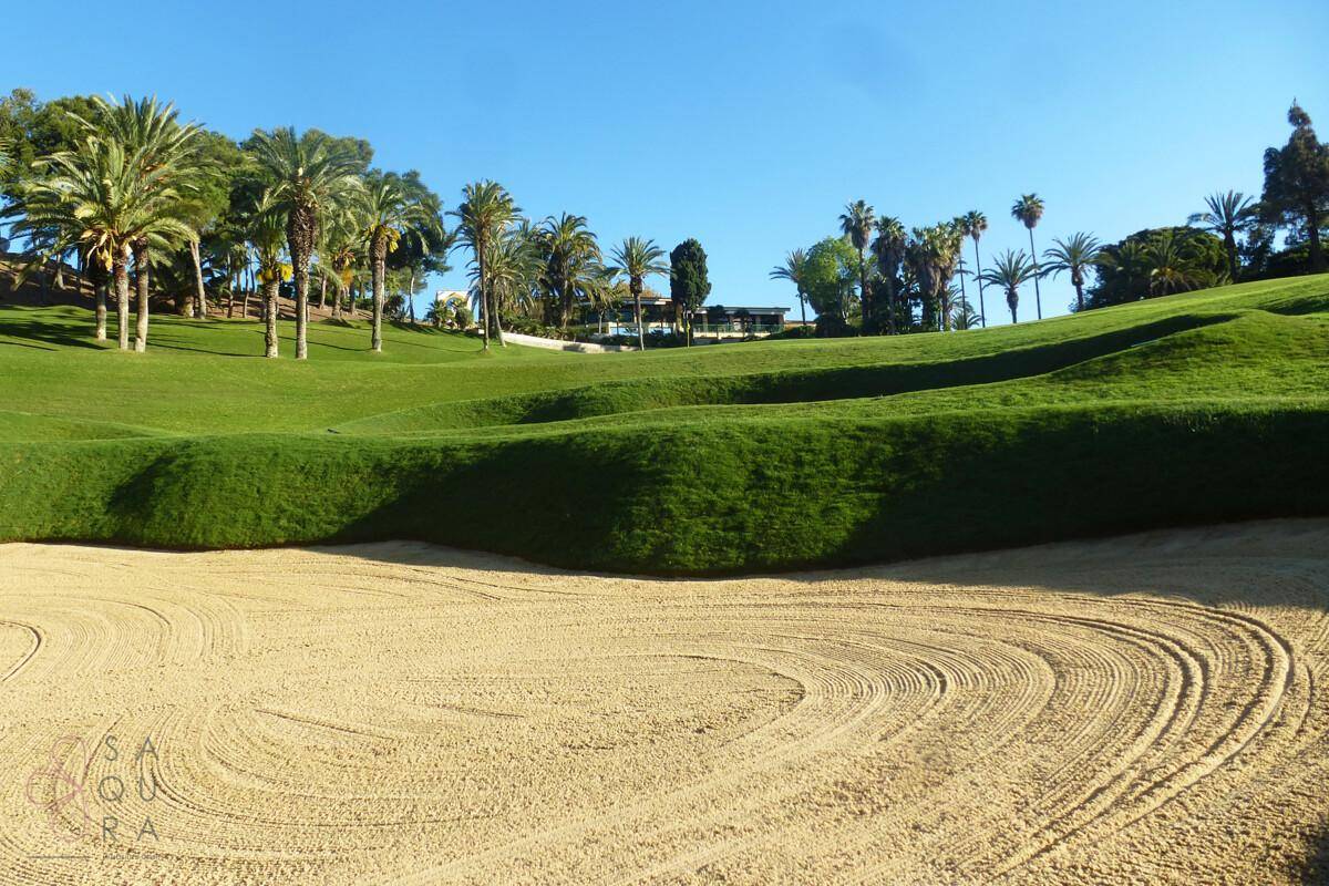 Sandbunker auf einem Golfplatz mit sanften grünen Hügeln und Palmen unter strahlend blauem Himmel.
