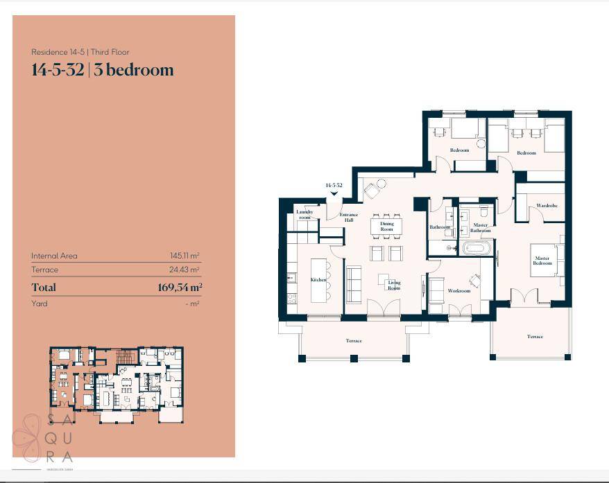 Grundriss einer Dreizimmerwohnung mit offener Küche, Wohnbereich und zwei Terrassen.