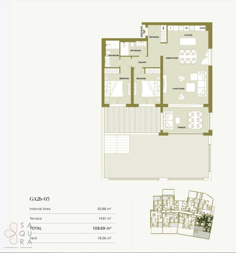 Ein detaillierter Grundriss einer Wohnung mit Wohnzimmer, Küche, Schlafzimmern und Terrasse.