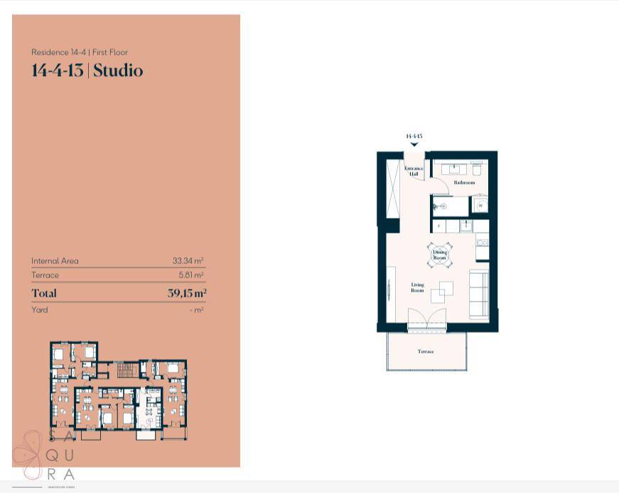 Grundriss eines Studios mit 33,34 m² Innenfläche und 5,81 m² Terrasse, insgesamt 39,15 m².