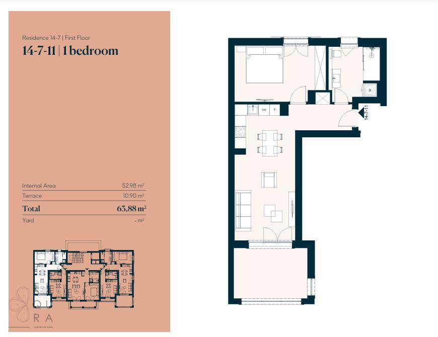Grundriss einer 1-Zimmer-Wohnung mit Terrasse und einer Gesamtfläche von 65,88 m².