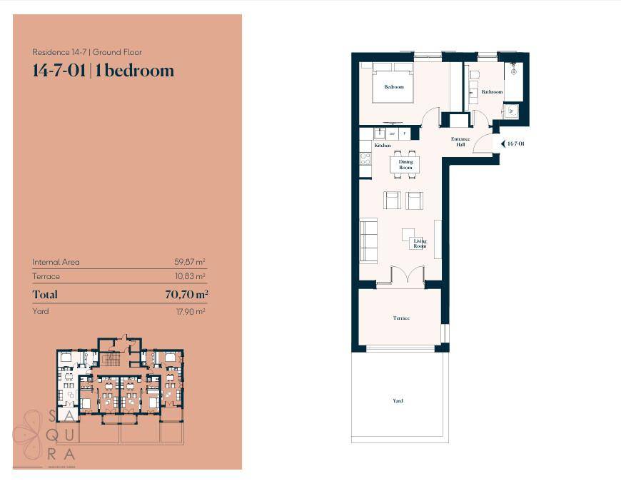 Grundriss einer Ein-Zimmer-Wohnung mit Terrasse und Gartenbereich.