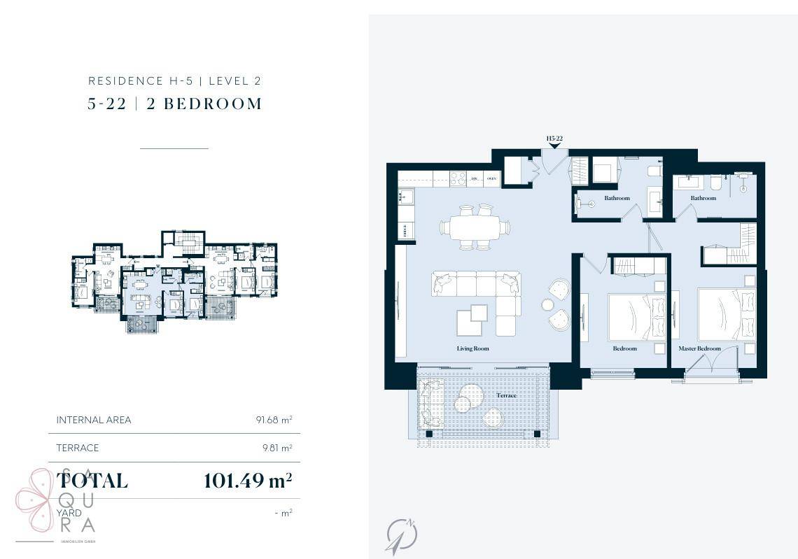 Grundriss einer Zweizimmerwohnung mit Wohnzimmer, zwei Schlafzimmern, zwei Bädern und Terrasse.