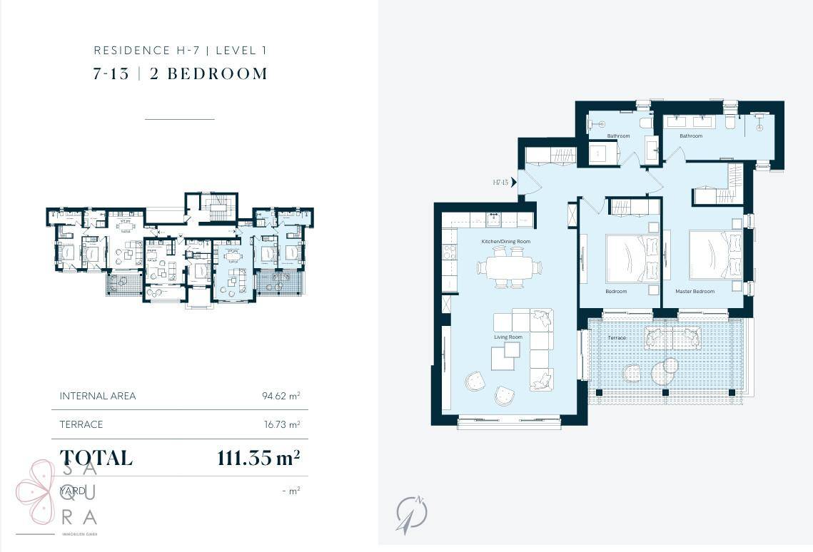 Grundriss für eine 2-Zimmer-Wohnung mit einer Gesamtfläche von 111,55 m² inklusive Terrasse.