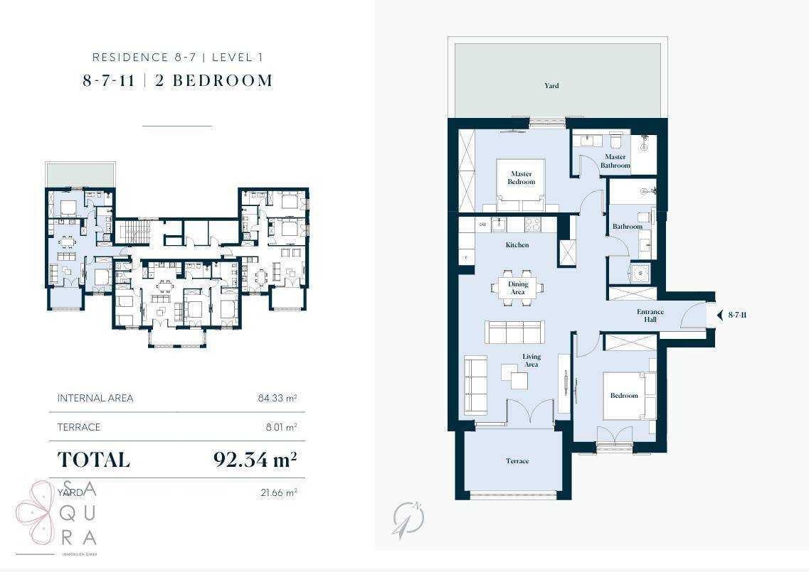 Grundriss einer 2-Zimmer-Wohnung mit Terrasse und Gesamtfläche von 92.34 m².