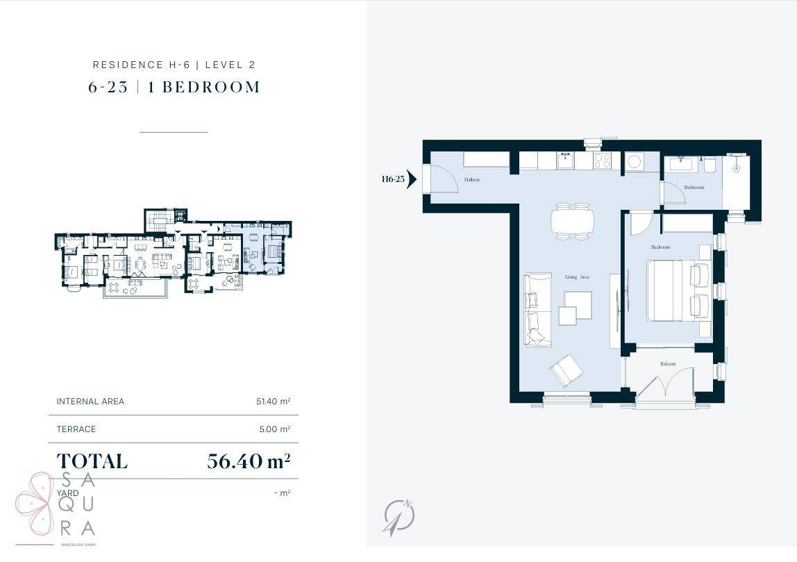 Grundriss einer 1-Zimmer-Wohnung mit 51,40 m² Innenfläche und 5,00 m² Terrasse.